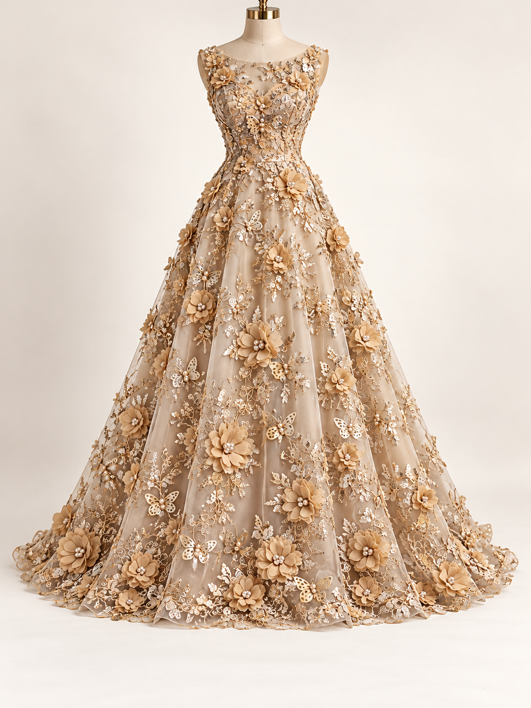 Vestido ilustrativo generado con IA — Tul Bordado Con Perlas, Lentejuelas, Mariposas y Flores 3D - HH275 — Oro