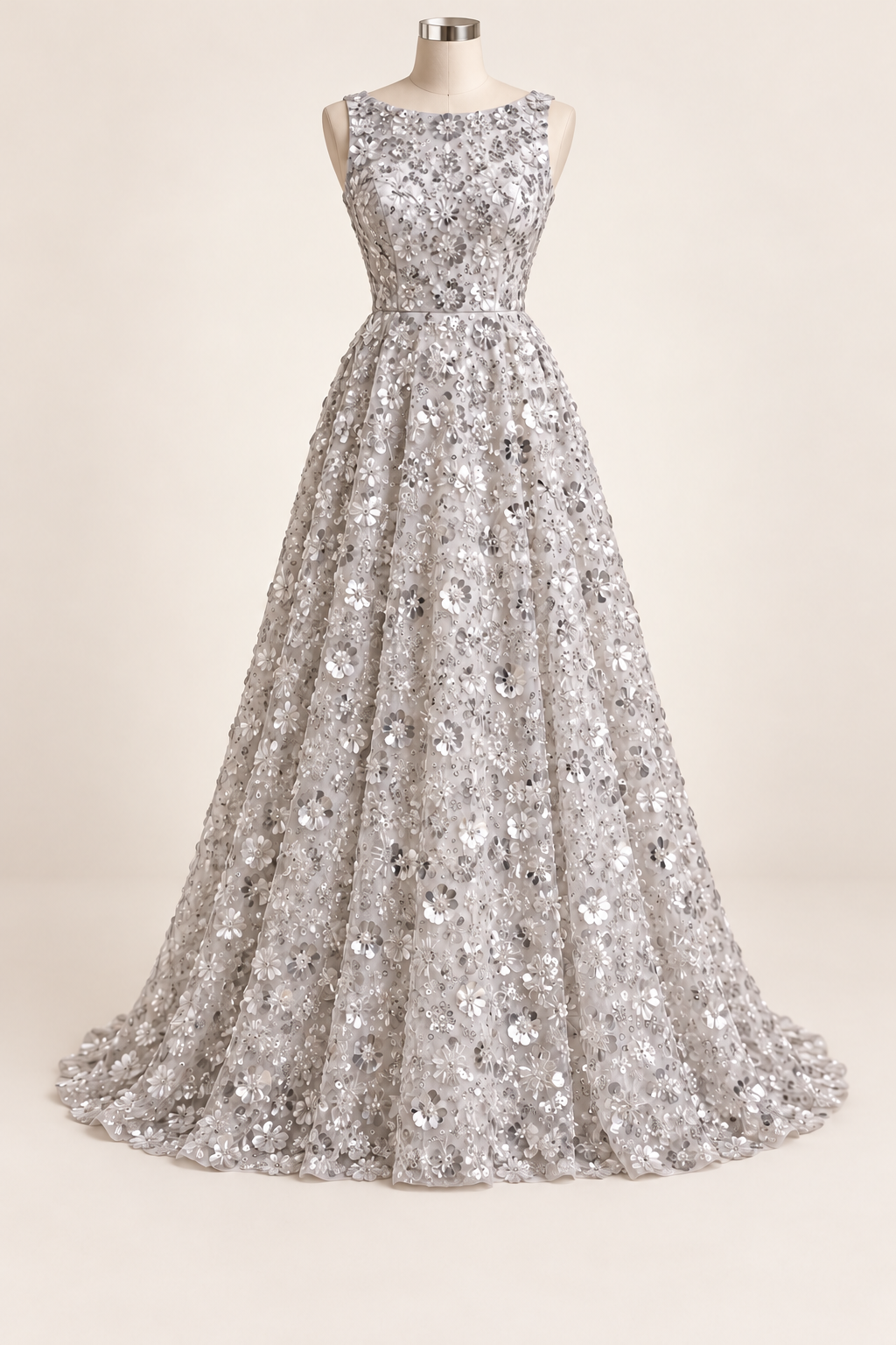 Vestido ilustrativo generado con IA — Tul Bordado Con Flores 3d, Lentejuela, Chaquira Y Canutillo Color Blanco - HH226 ideal para vestidos de noche y de XV años — BLANCO
