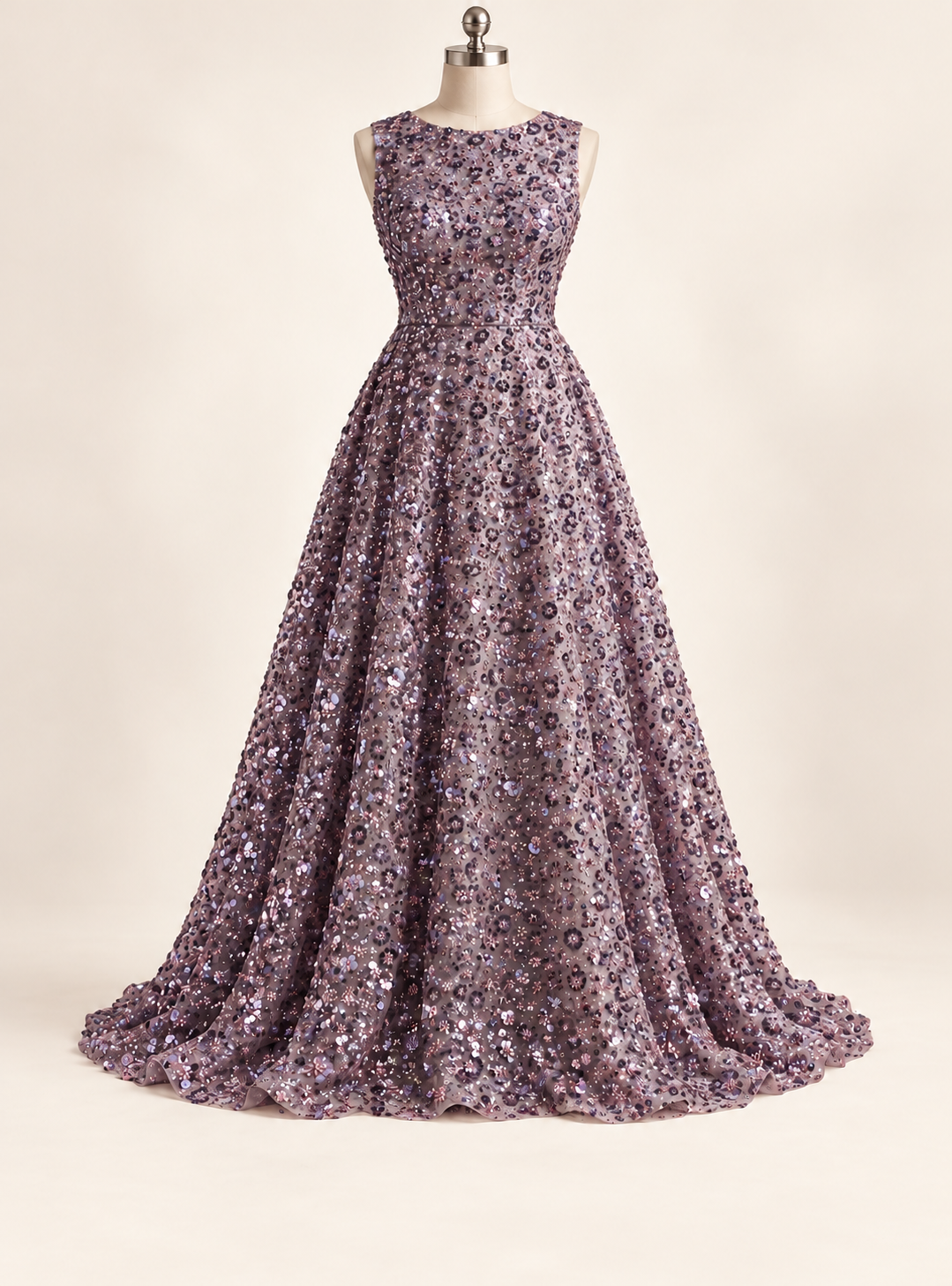 Vestido ilustrativo generado con IA — Tul Bordado Con Flores 3d, Lentejuela, Chaquira Y Canutillo Color Malva - HH226 ideal para vestidos de noche y de XV años — MALVA