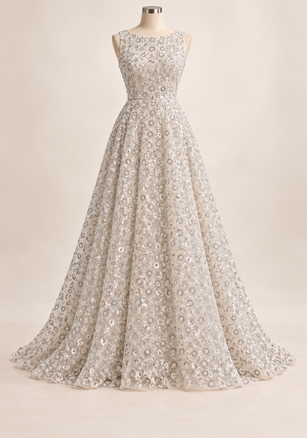 Vestido ilustrativo generado con IA — Tul Bordado Con Flores 3d, Lentejuela, Chaquira Y Canutillo Color Hueso - HH226 ideal para vestidos de noche y de XV años (Copia) — HUESO