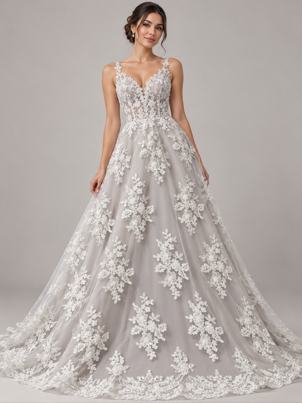 Vestido ilustrativo generado con IA — Tul Bordado Floral Con Perlas Y Lentejuela Color Blanco- HH016 ideal para vestidos de noche y de XV años