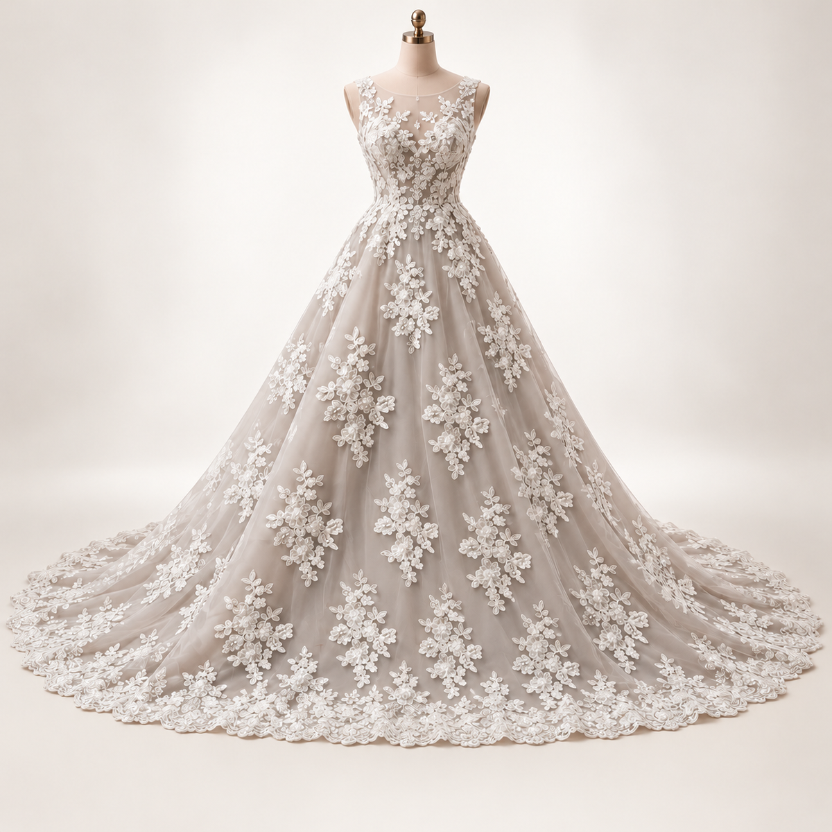 Vestido ilustrativo generado con IA — Tul Bordado Floral Con Perlas Y Lentejuela Color Hueso- HH016 ideal para vestidos de noche y de XV años — HUESO