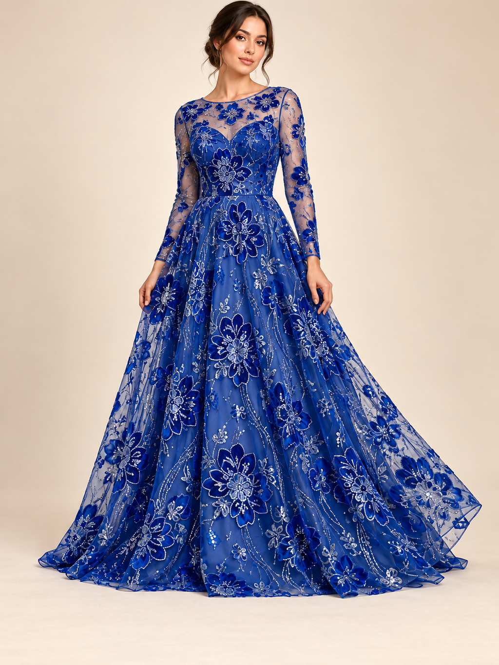 Vestido ilustrativo generado con IA — Tul Bordado Con Estampado Floral Aplicaciones de Chaquira Y Lentejuela Color Azul Rey- HH236 ideal para vestidos de noche y de XV años — Azul Rey
