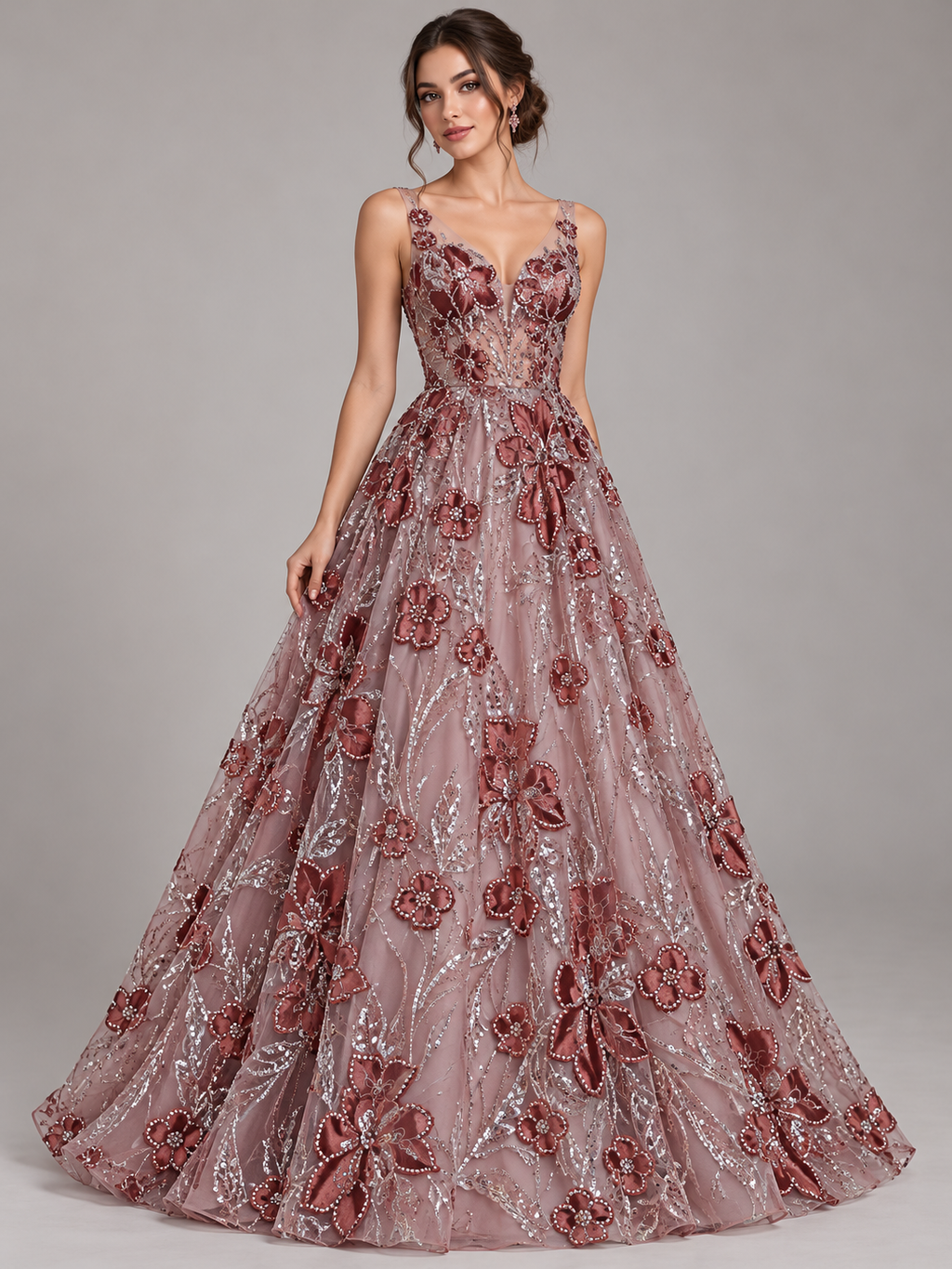 Vestido ilustrativo generado con IA — Tul Bordado Con Rstampado Floral Aplicaciones de Chaquira Y Lentejuela Color Ladrillo- HH236 ideal para vestidos de noche y de XV años