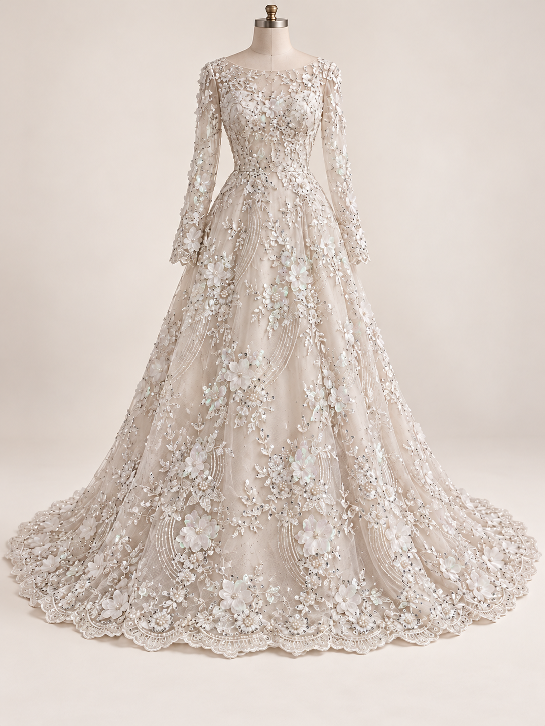 Vestido ilustrativo generado con IA — Tul Bordado Con Flores Y Mariposas 3D Aplicaciones de Perlas, Chaquira Y Lentejuela Color Hueso- HH237 ideal para vestidos de noche y de XV años — Hueso