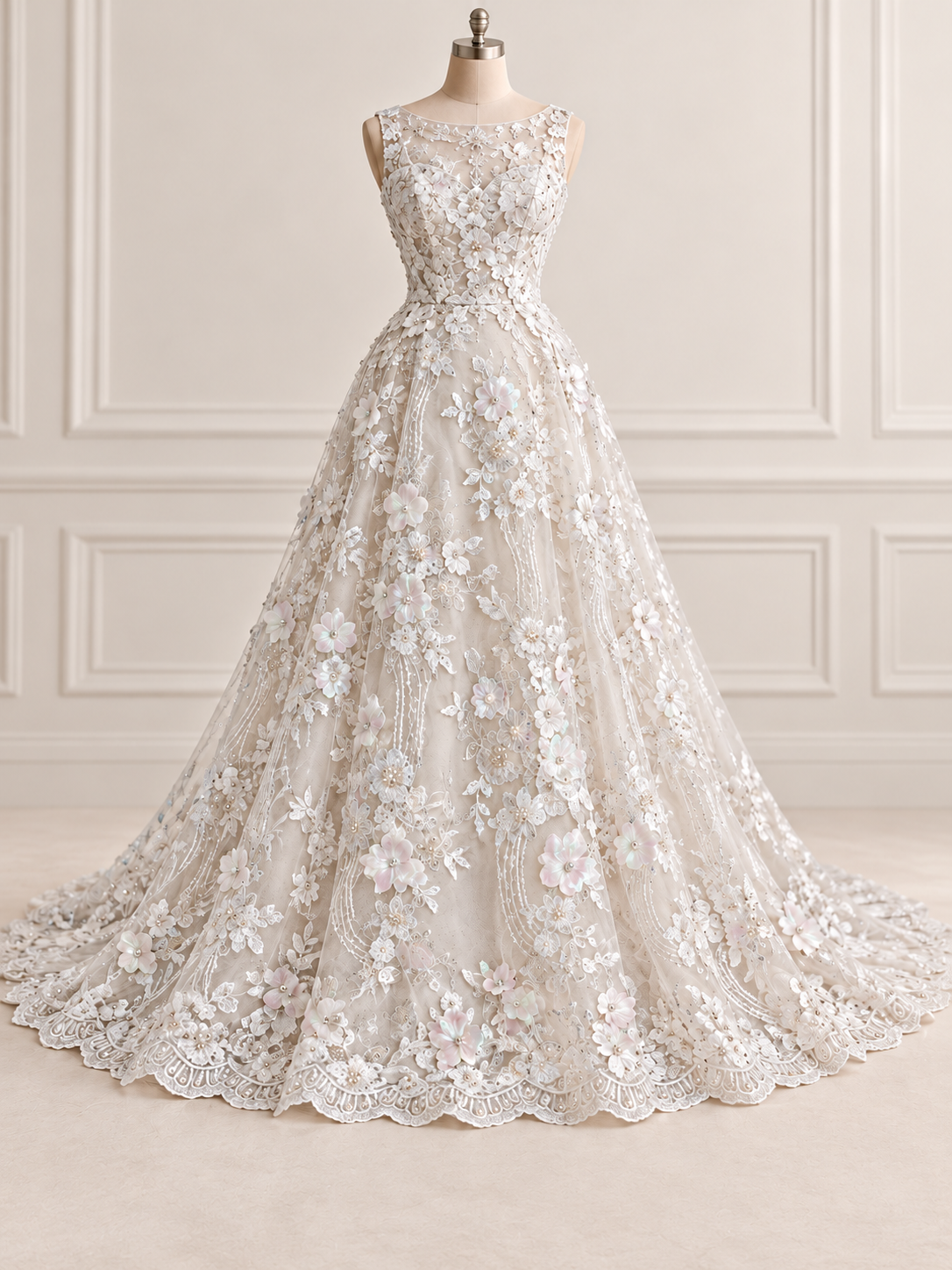 Vestido ilustrativo generado con IA — Tul Bordado Con Flores Y Mariposas 3D Aplicaciones de Perlas, Chaquira Y Lentejuela Color Blanco- HH237 ideal para vestidos de noche y de XV años — Blanco
