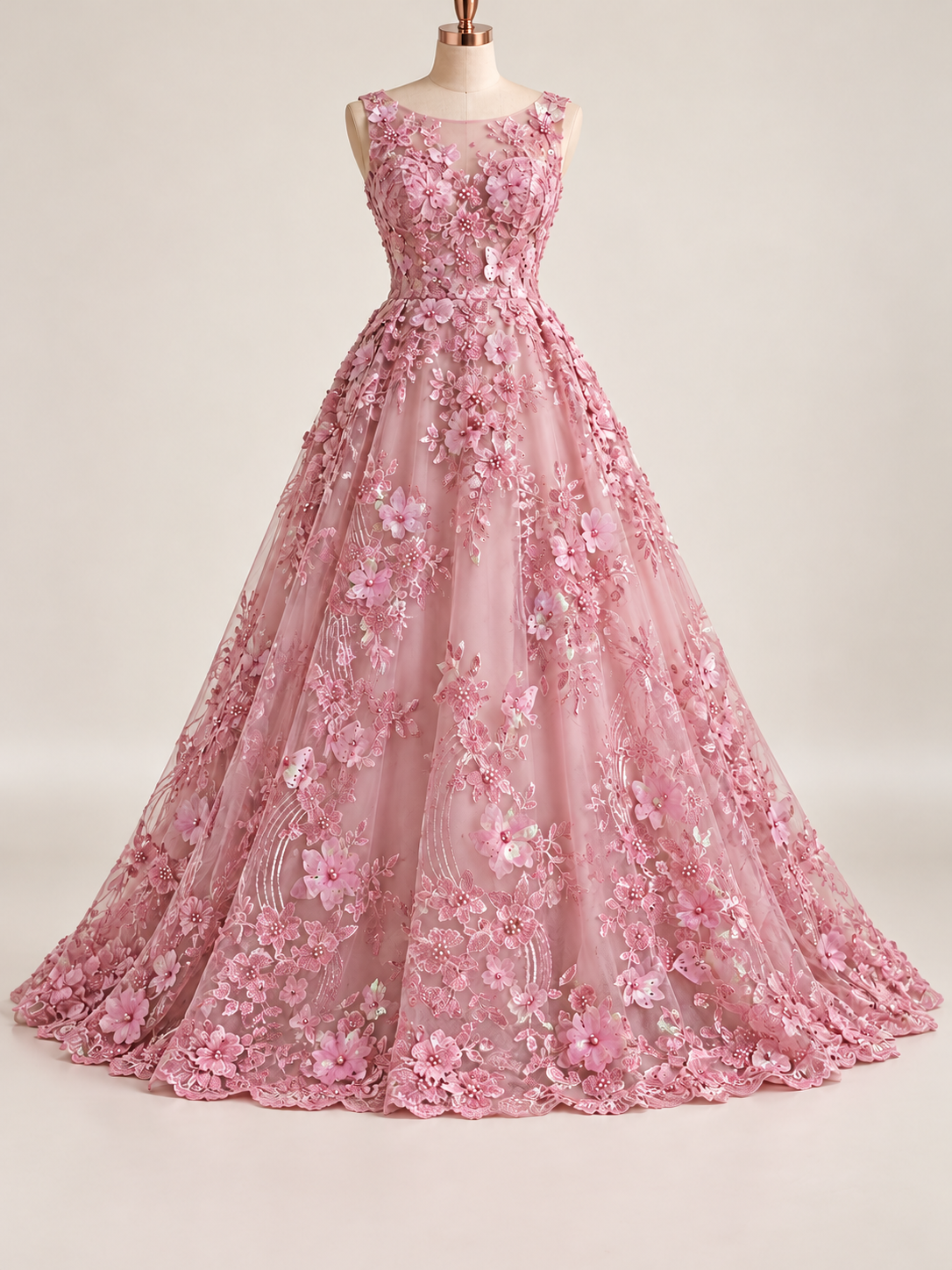 Vestido ilustrativo generado con IA — Tul Bordado Con Flores Y Mariposas 3D Aplicaciones de Perlas, Chaquira Y Lentejuela Color Rosa- HH237 ideal para vestidos de noche y de XV años — Rosa