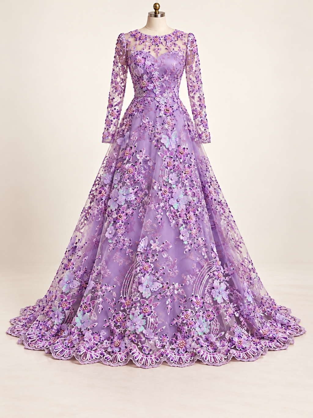 Vestido ilustrativo generado con IA — Tul Bordado Con Flores 3D Aplicaciones de Perlas, Chaquira Y Lentejuela Color Lila - HH237 ideal para vestidos de noche y de XV años — LIla