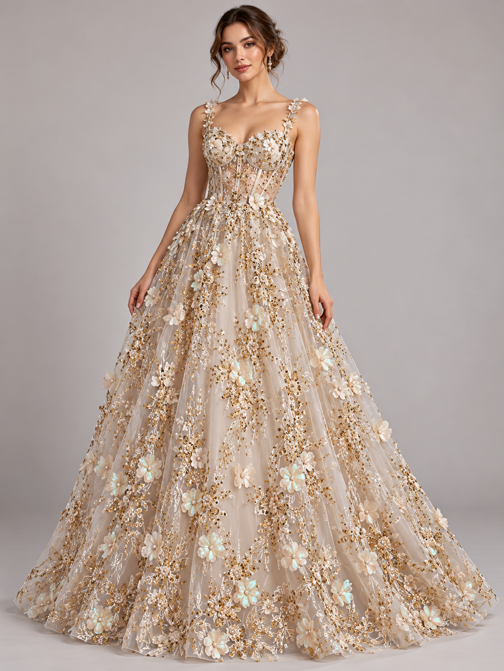 Vestido ilustrativo generado con IA — Tul Bordado Con Flores Y Mariposas 3D Aplicaciones de Perlas, Chaquira Y Lentejuela Color Oro- HH237 ideal para vestidos de noche y de XV años