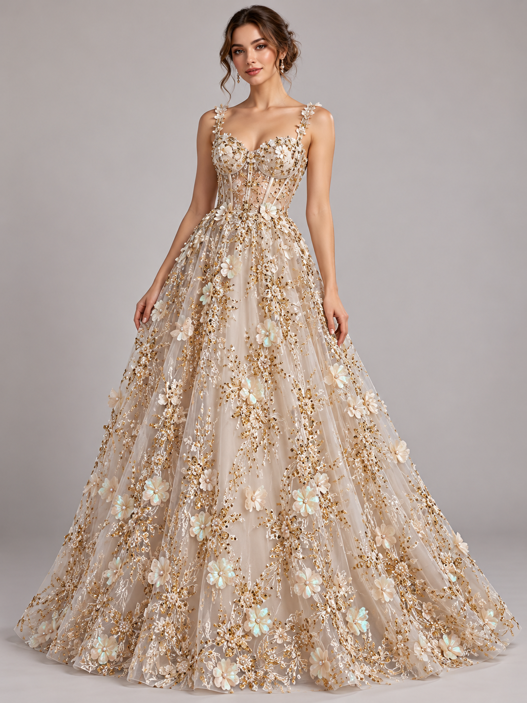 Vestido ilustrativo generado con IA — Tul Bordado Con Flores Y Mariposas 3D Aplicaciones de Perlas, Chaquira Y Lentejuela Color Oro- HH237 ideal para vestidos de noche y de XV años