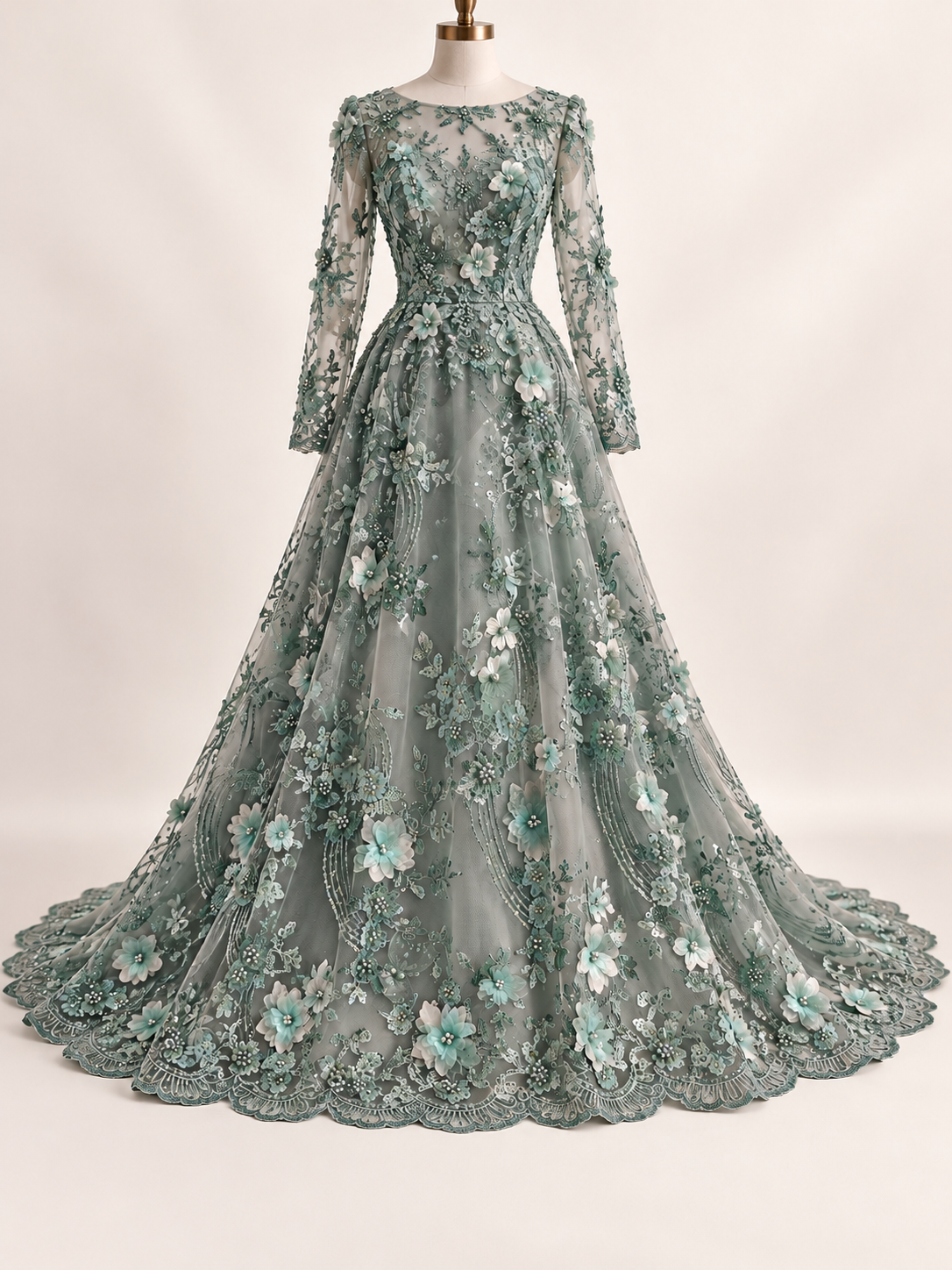 Vestido ilustrativo generado con IA — Tul Bordado Con Flores Y Mariposas 3D Aplicaciones de Perlas, Chaquira Y Lentejuela Color Sage- HH237 ideal para vestidos de noche y de XV años — Sage