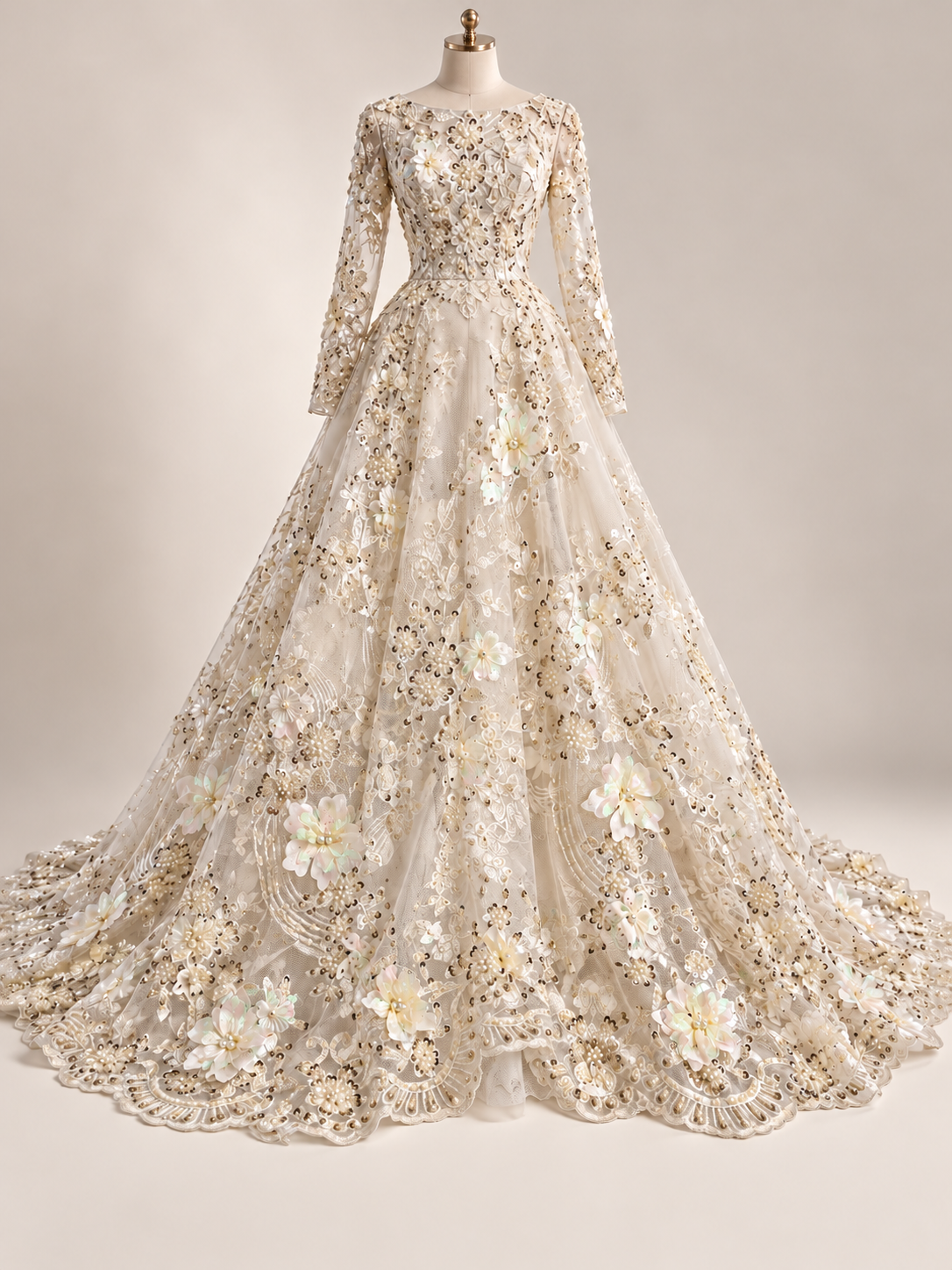 Vestido ilustrativo generado con IA — Tul Bordado Con Flores Y Mariposas 3D Aplicaciones de Perlas, Chaquira Y Lentejuela Color Ivory- HH237 ideal para vestidos de noche y de XV años — Ivory