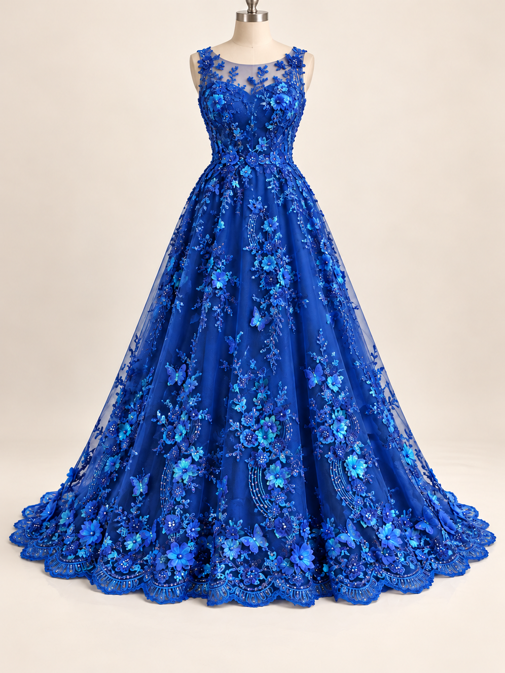 Vestido ilustrativo generado con IA — Tul Bordado Con Flores Y Mariposas 3D Aplicaciones de Perlas, Chaquira Y Lentejuela Color Azul Rey- HH237 ideal para vestidos de noche y de XV años — Rey
