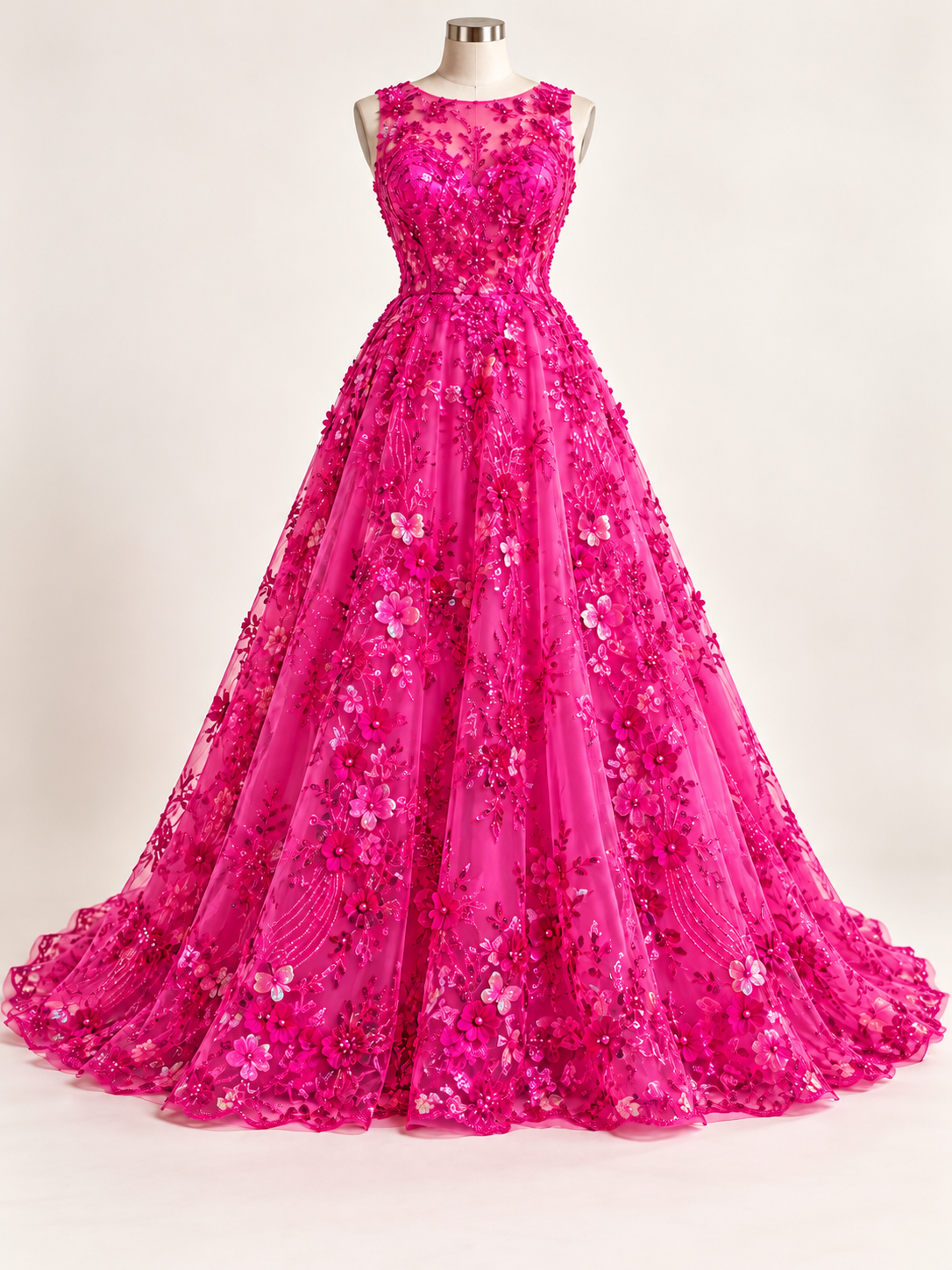 Vestido ilustrativo generado con IA — Tul Bordado Con Flores Y Mariposas 3D Aplicaciones de Perlas, Chaquira Y Lentejuela Color Rosa Ciber- HH237 ideal para vestidos de noche y de XV años — Rosa Ciber