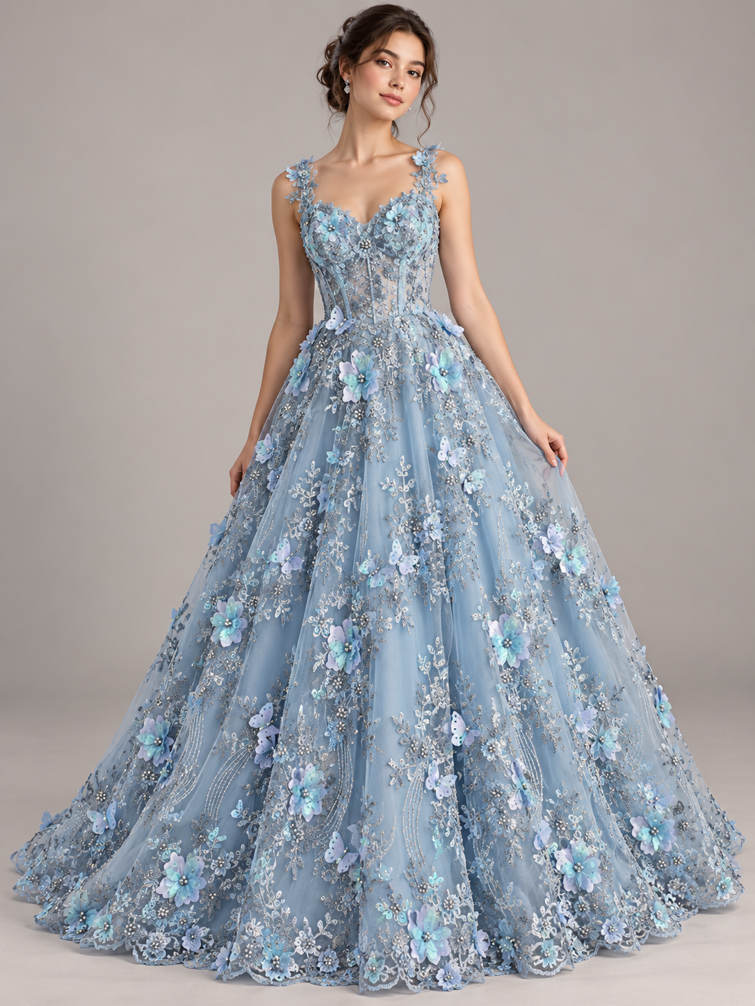 Vestido ilustrativo generado con IA — Tul Bordado Con Flores Y Mariposas 3D Aplicaciones de Perlas, Chaquira Y Lentejuela Color Azul Cielo- HH237 ideal para vestidos de noche y de XV años (Copia)