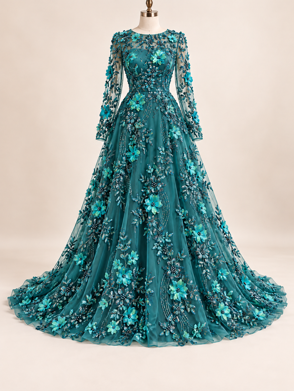 Vestido ilustrativo generado con IA — Tul Bordado Con Flores Y Mariposas 3D Aplicaciones de Perlas, Chaquira Y Lentejuela Color Verde- HH237 ideal para vestidos de noche y de XV años — Verde