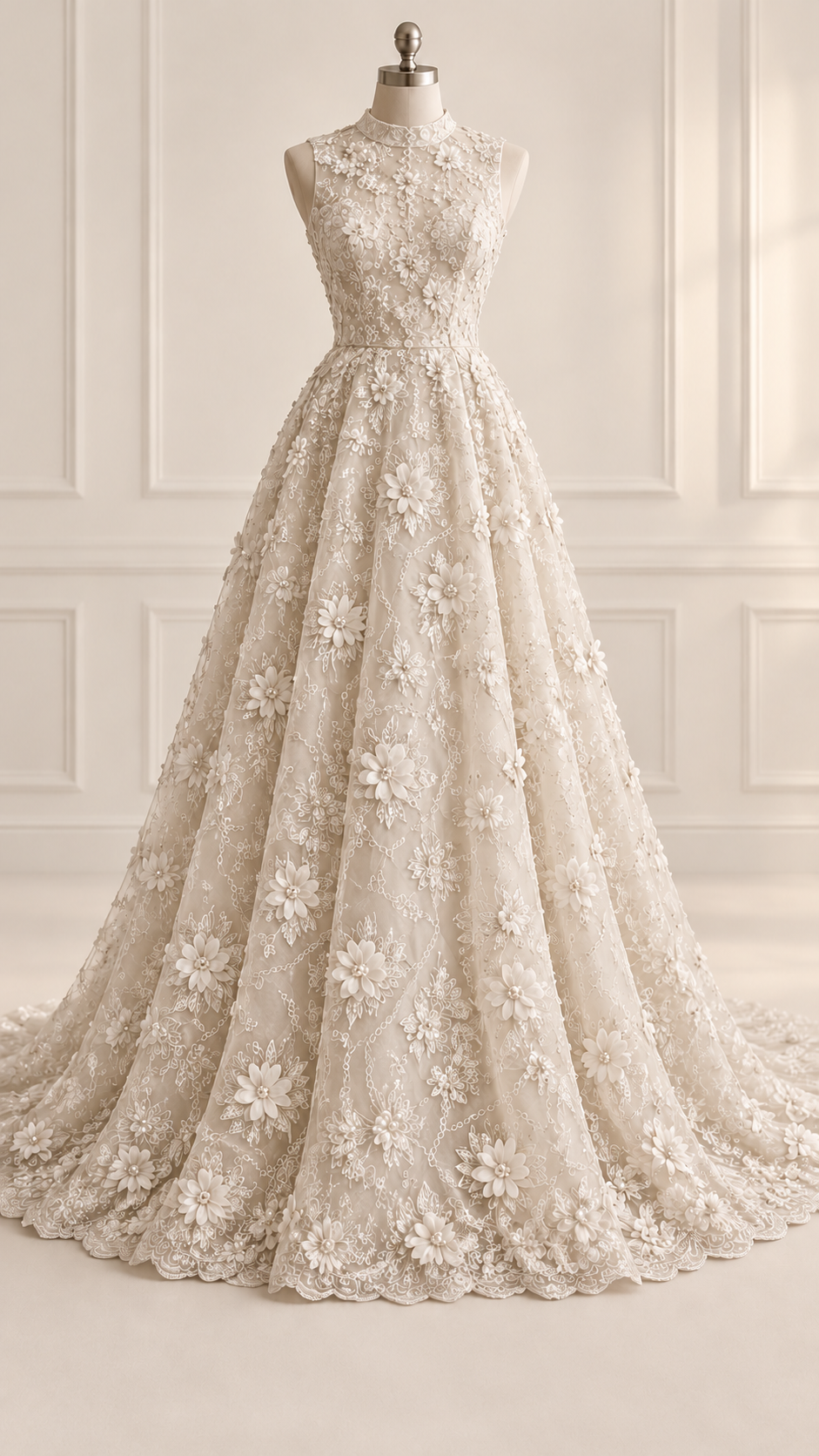 Vestido ilustrativo generado con IA — Tul Bordado Con Flores 3D Aplicaciones de Perlas Y Canutillo Color Hueso- HH238 ideal para vestidos de noche y de XV años — HUESO