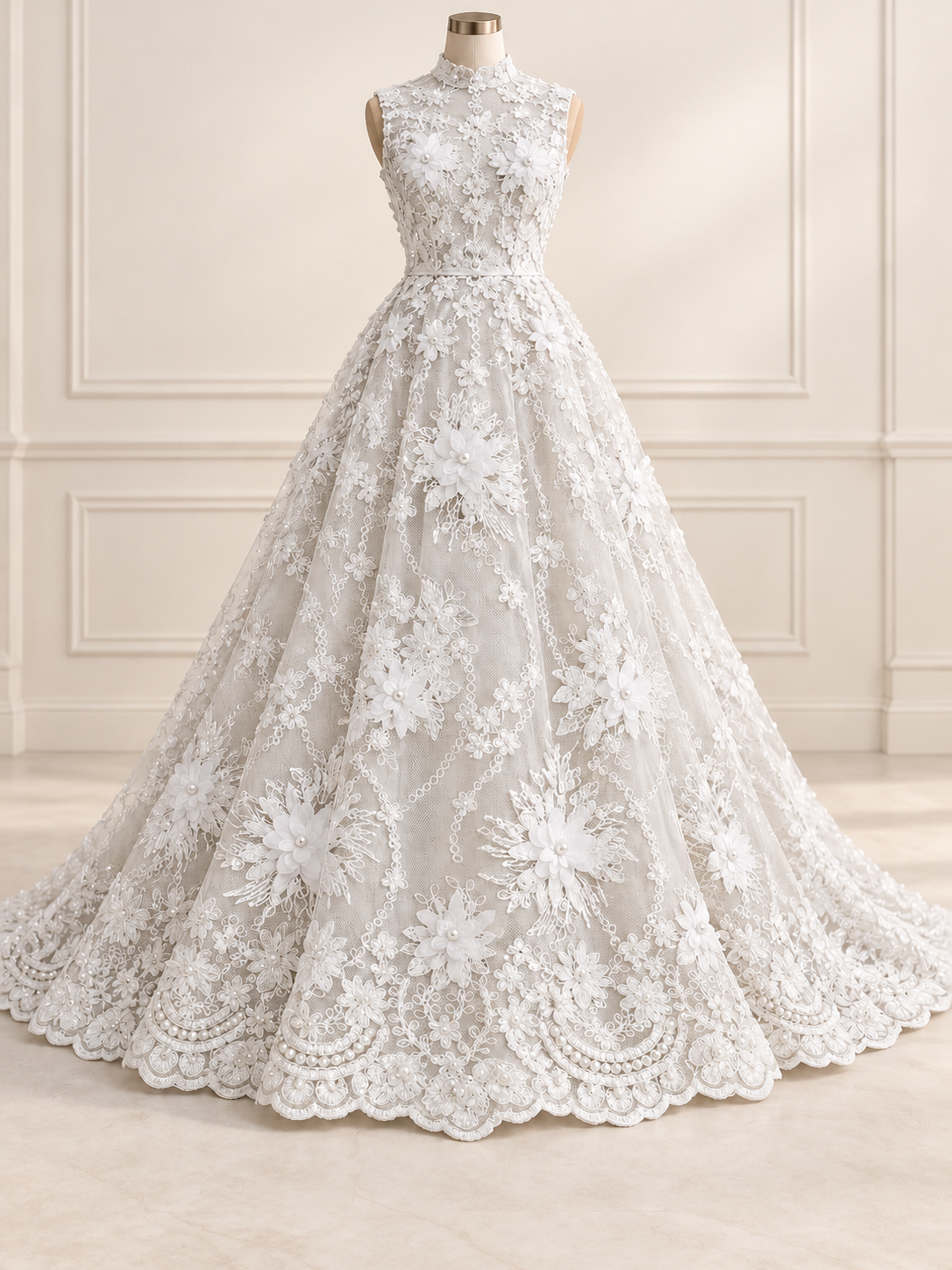 Vestido ilustrativo generado con IA — Tul Bordado Con Flores 3D Aplicaciones de Perlas Y Canutillo Color Blanco- HH238 ideal para vestidos de noche y de XV años — BLANCO