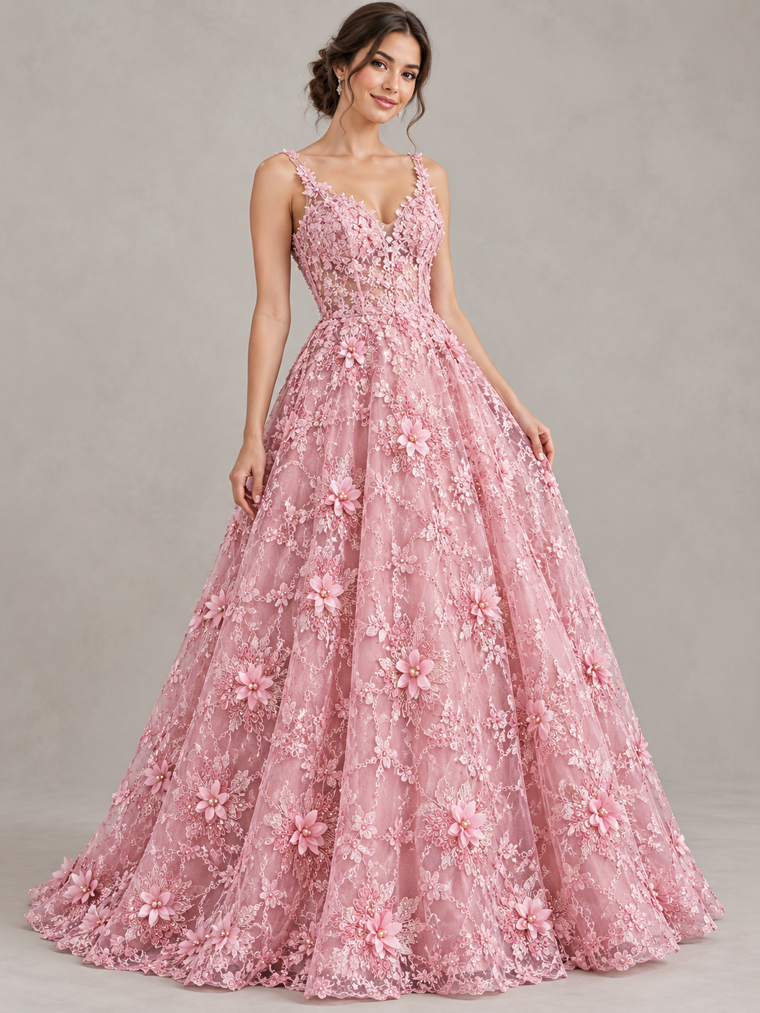 Vestido ilustrativo generado con IA — Tul Bordado Con Flores 3D Aplicaciones de Perlas Y Canutillo Color 3 Rosa Claro- HH238 ideal para vestidos de noche y de XV años