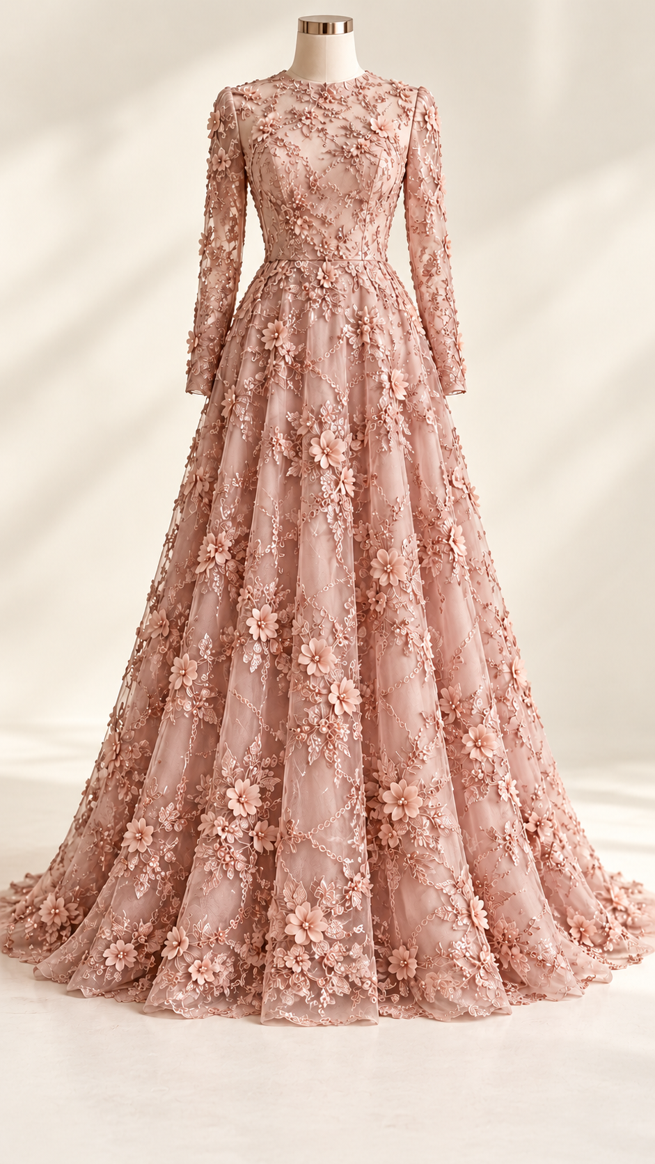Vestido ilustrativo generado con IA — Tul Bordado Con Flores 3D Aplicaciones de Perlas Y Canutillo Color Blush- HH238 ideal para vestidos de noche y de XV años — BLUSH