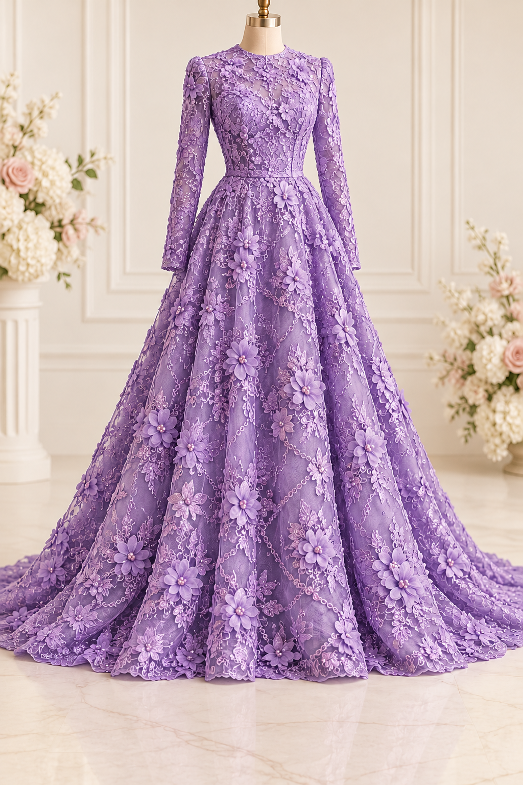 Vestido ilustrativo generado con IA — Tul Bordado Con Flores 3D Aplicaciones de Perlas Y Canutillo Color Lila- HH238 ideal para vestidos de noche y de XV años — LILA