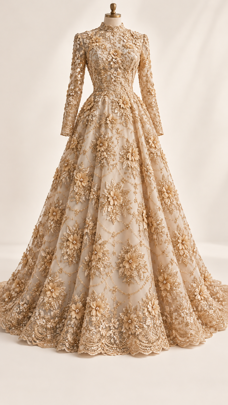 Vestido ilustrativo generado con IA — Tul Bordado Con Flores 3D Aplicaciones de Perlas Y Canutillo Color Oro- HH238 ideal para vestidos de noche y de XV años — ORO