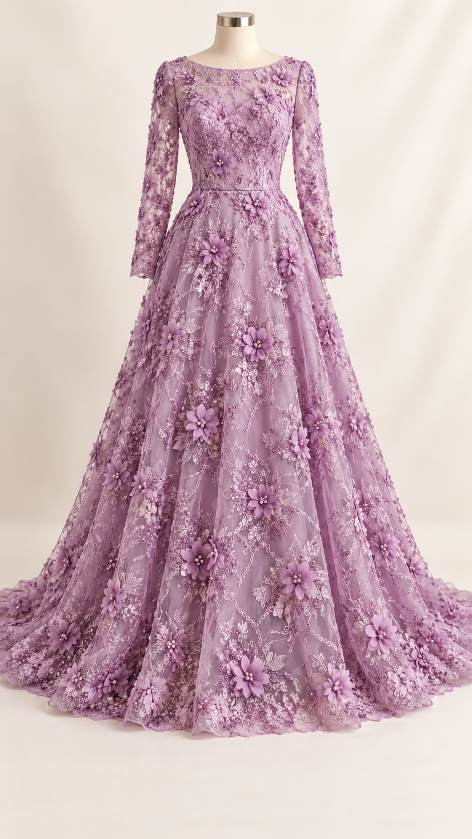 Vestido ilustrativo generado con IA — Tul Bordado Con Flores 3D Aplicaciones de Perlas Y Canutillo Color Lavanda- HH238 ideal para vestidos de noche y de XV años — LAVANDA