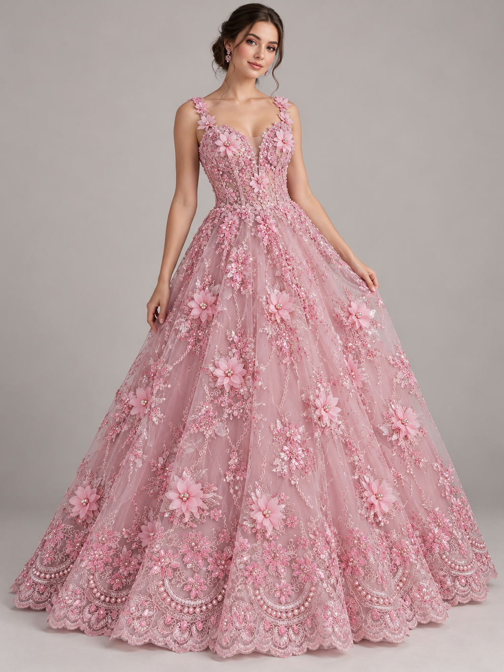 Vestido ilustrativo generado con IA — Tul Bordado Con Flores 3D Aplicaciones de Perlas Y Canutillo Color 12 Rosa- HH238 ideal para vestidos de noche y de XV años