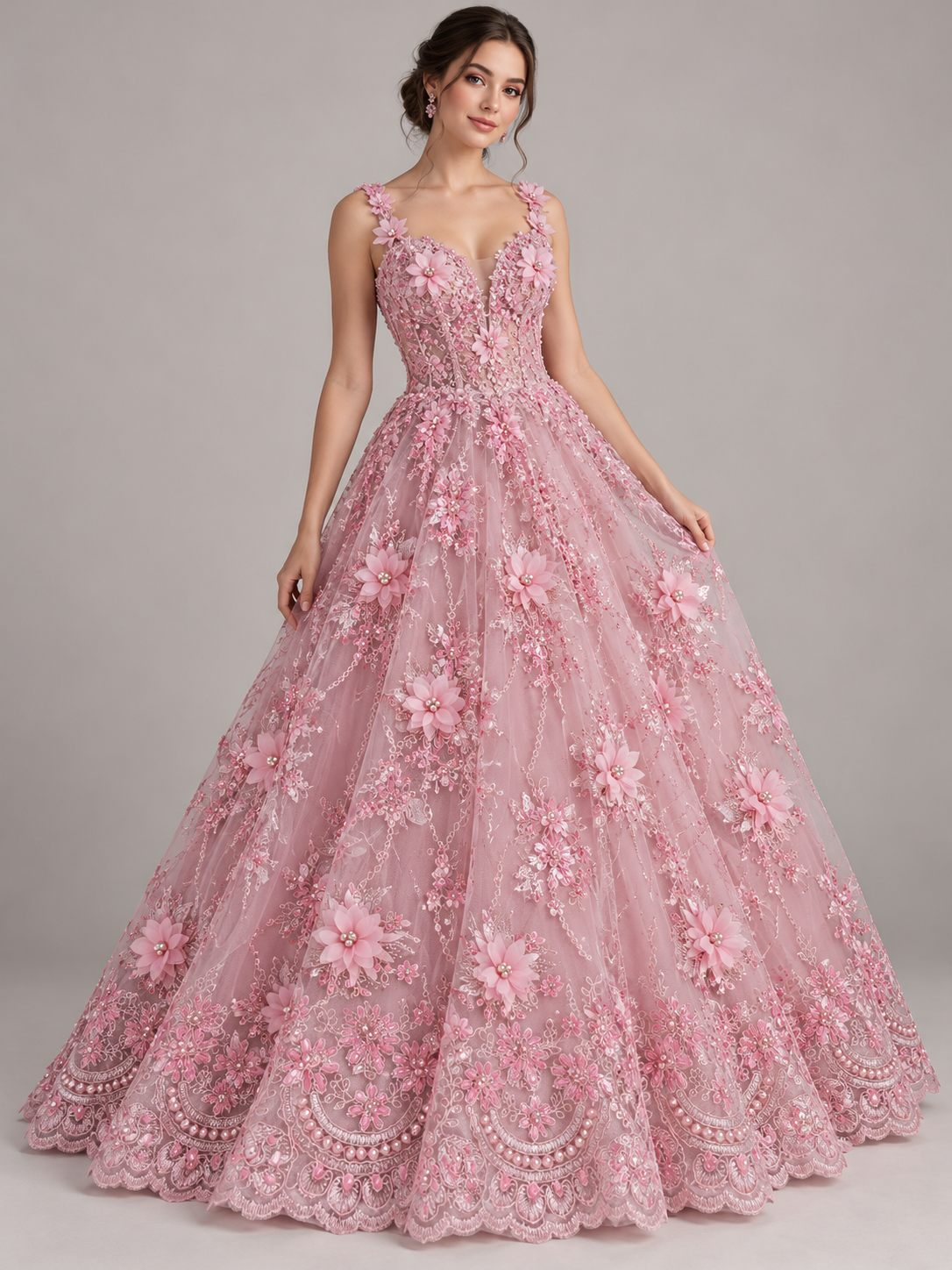 Vestido ilustrativo generado con IA — Tul Bordado Con Flores 3D Aplicaciones de Perlas Y Canutillo Color 12 Rosa- HH238 ideal para vestidos de noche y de XV años