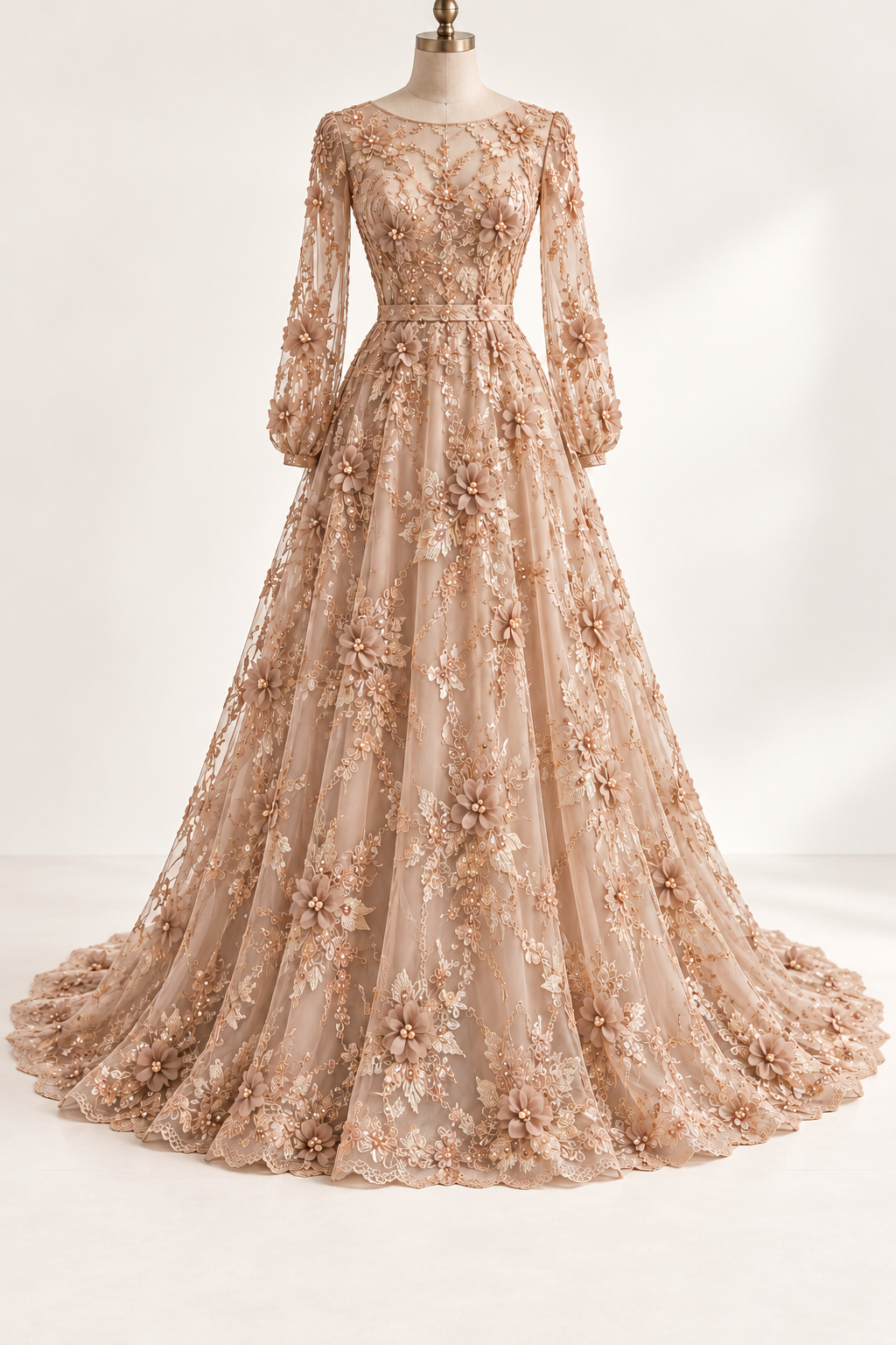 Vestido ilustrativo generado con IA — Tul Bordado Con Flores 3D Aplicaciones de Perlas Y Canutillo Color Arena- HH238 ideal para vestidos de noche y de XV años — ARENA