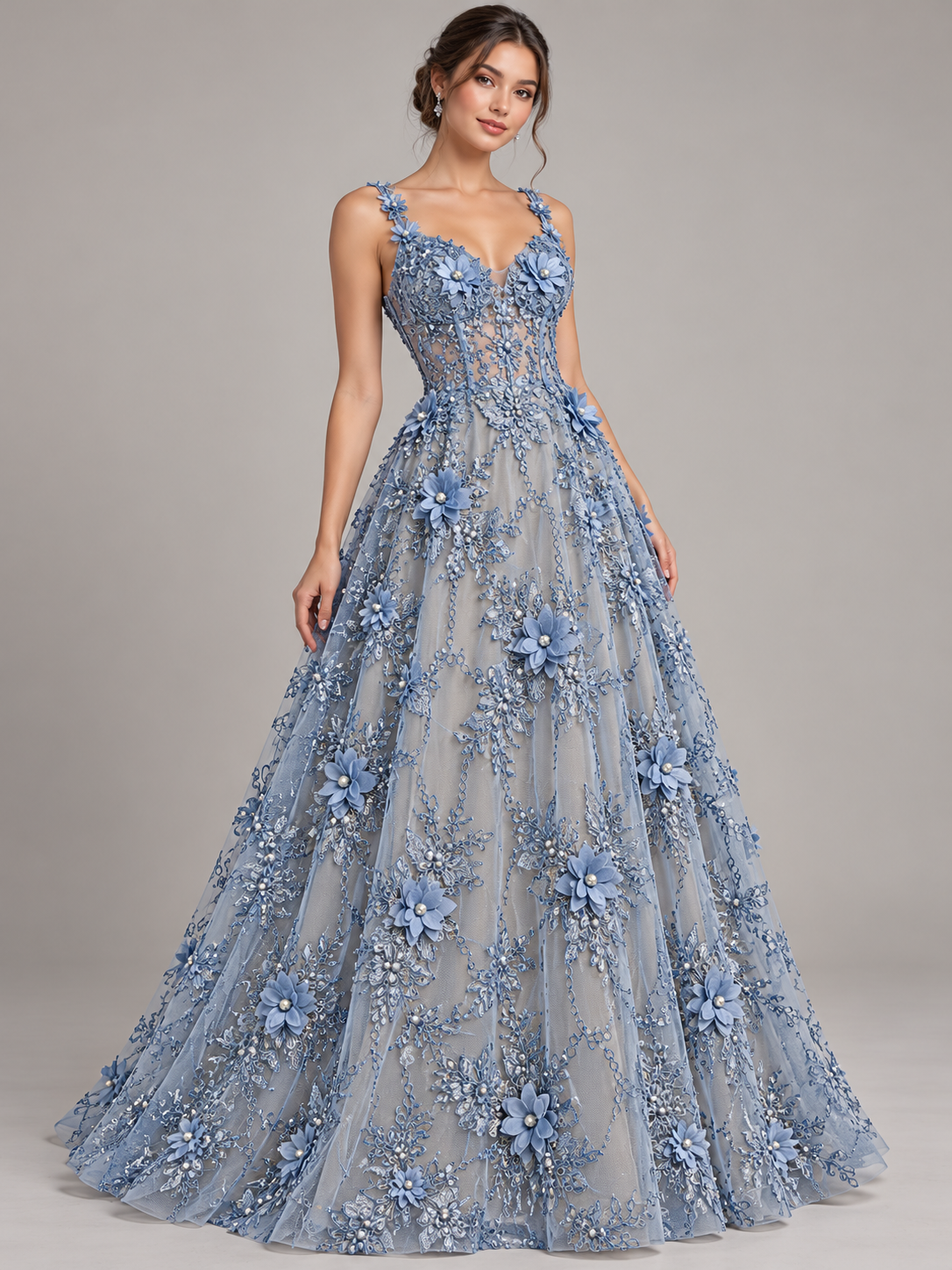 Vestido ilustrativo generado con IA — Tul Bordado Con Flores 3D Aplicaciones de Perlas Y Canutillo Color Azul Cielo- HH238 ideal para vestidos de noche y de XV años