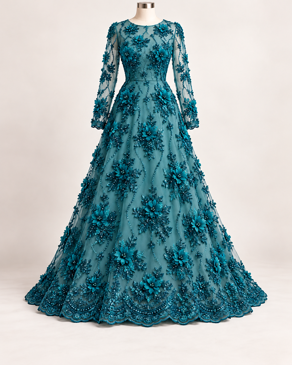 Vestido ilustrativo generado con IA — Tul Bordado Con Flores 3D Aplicaciones de Perlas Y Canutillo Color Verde- HH238 ideal para vestidos de noche y de XV años — VERDE