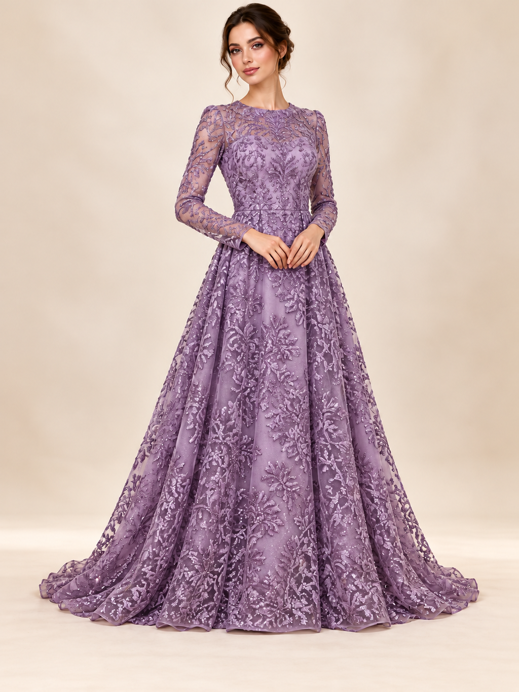 Vestido ilustrativo generado con IA — Tul Bordado Con Estampado Glitter Color Lila- HH239 ideal para vestidos de noche y de XV años — Lila
