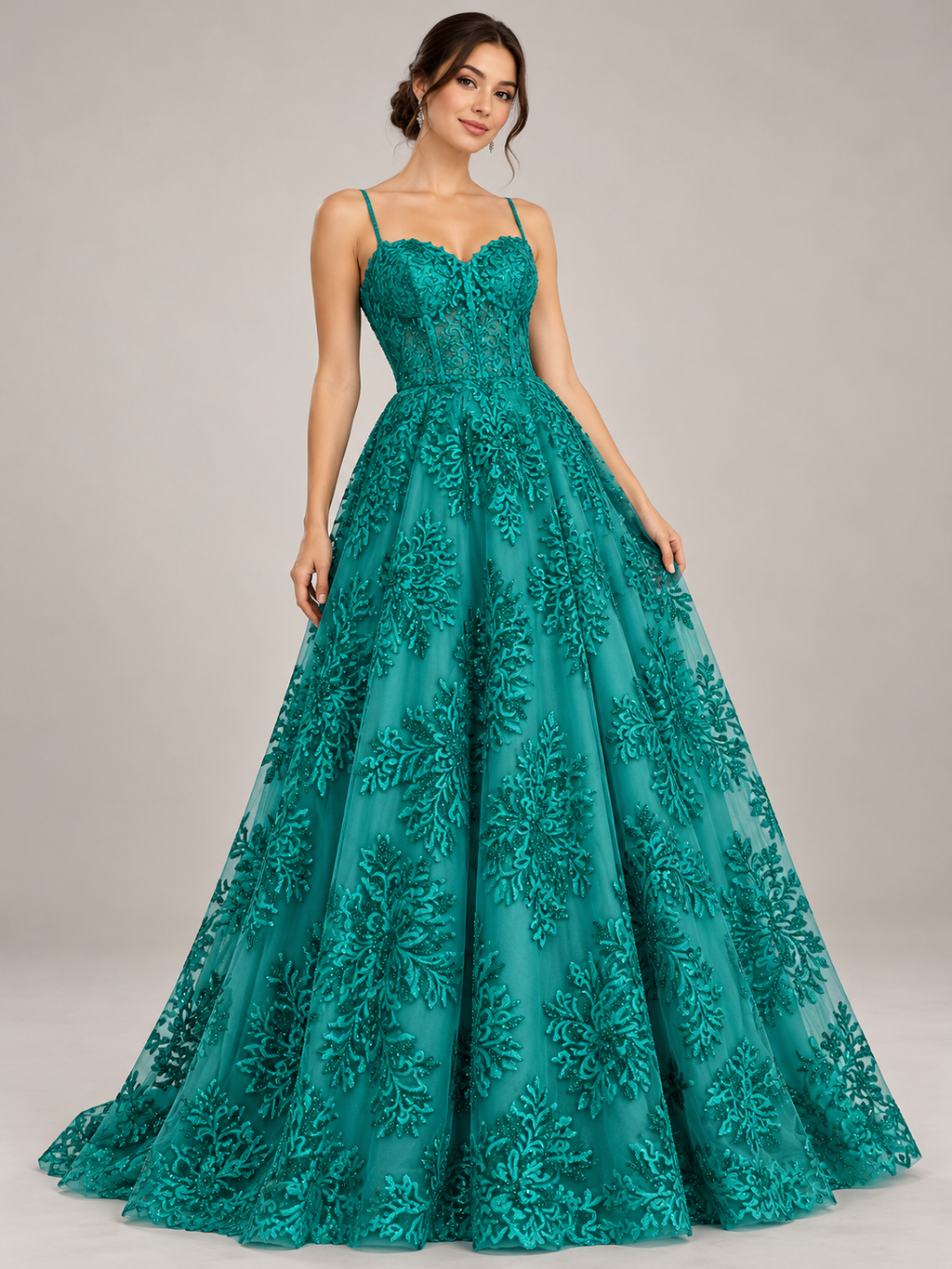 Vestido ilustrativo generado con IA — Tul Bordado Con Estampado Glitter Color Turquesa- HH239 ideal para vestidos de noche y de XV años