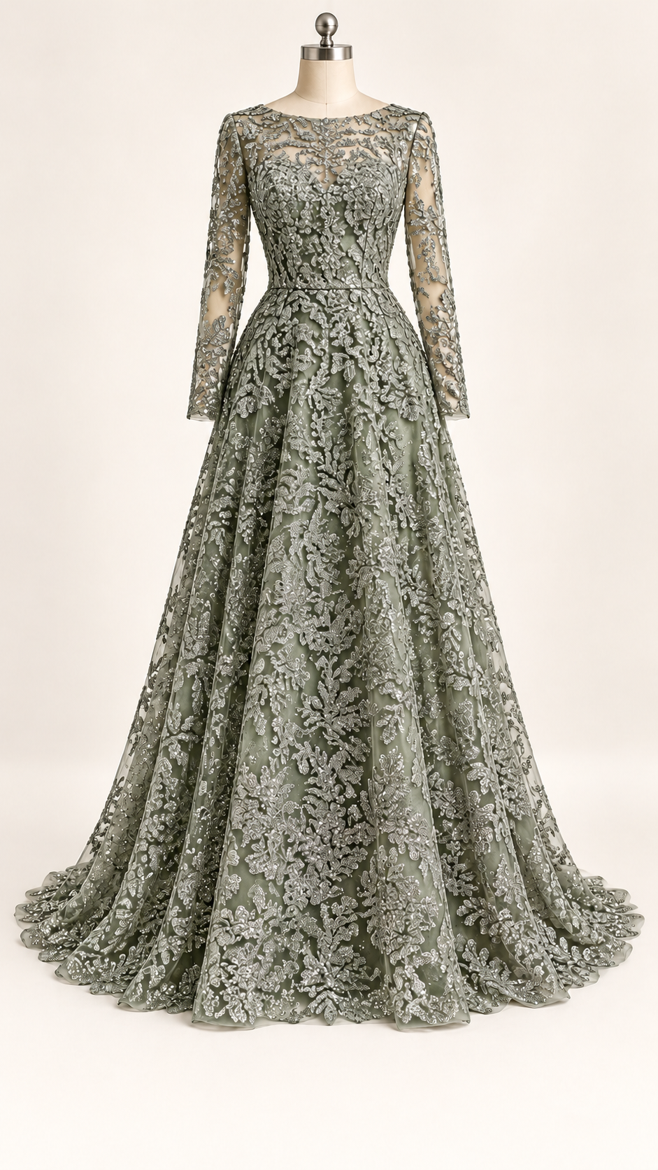 Vestido ilustrativo generado con IA — Tul Bordado Con Estampado Glitter Color Sage- HH252 ideal para vestidos de noche y de XV años — SAGE