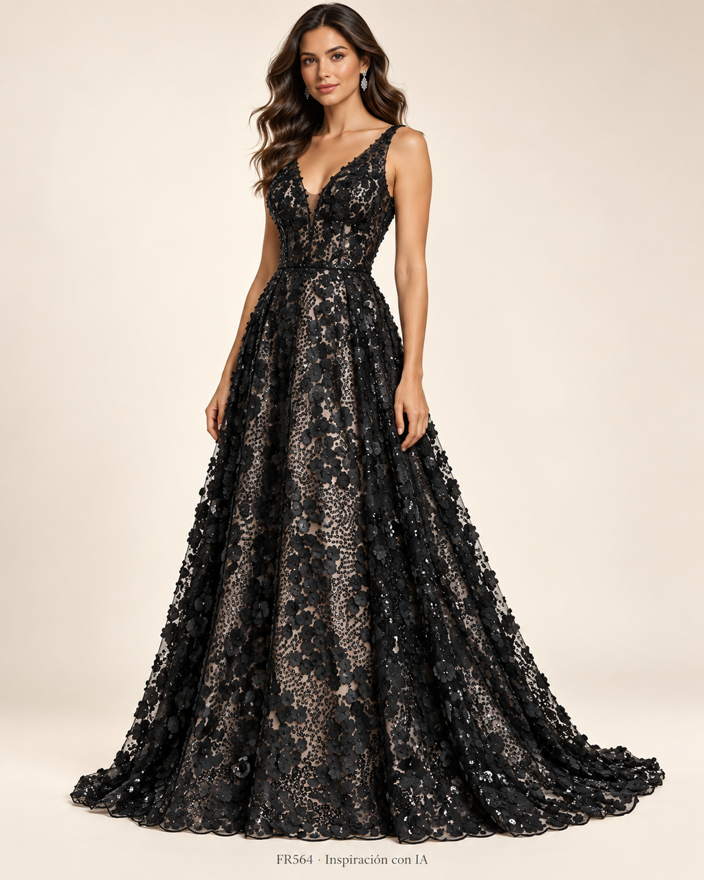 FR564 NEGRO: vestido de inspiración generado con IA; diseño ilustrativo. Se vende tela por metro.