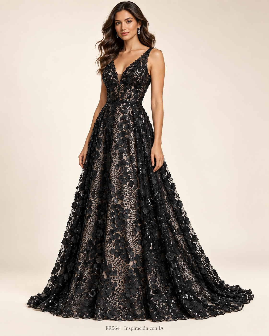 FR564 NEGRO: vestido de inspiración generado con IA; diseño ilustrativo. Se vende tela por metro.