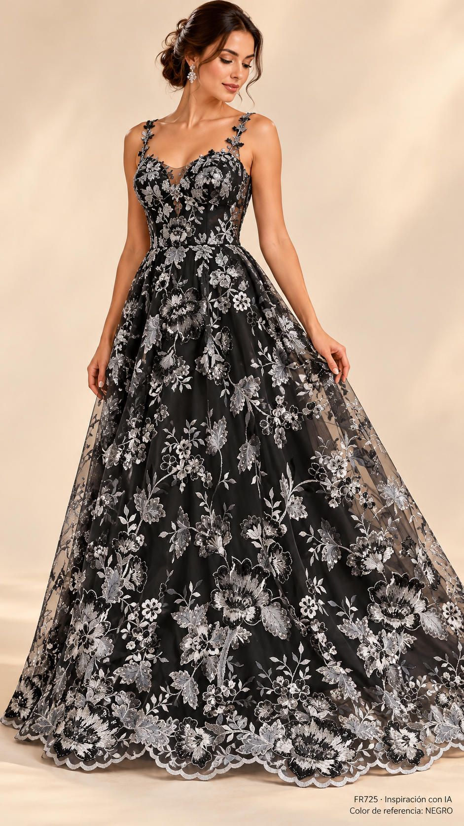 Vestido de inspiración con IA FR725. Color de referencia NEGRO; no confirma los tonos en inventario.