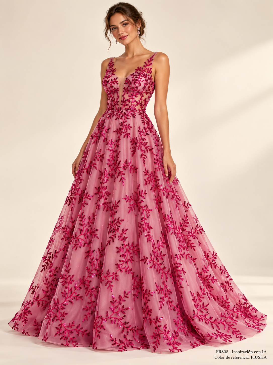 Vestido de inspiración con IA FR808. Color de referencia FIUSHA; no confirma los tonos en inventario.