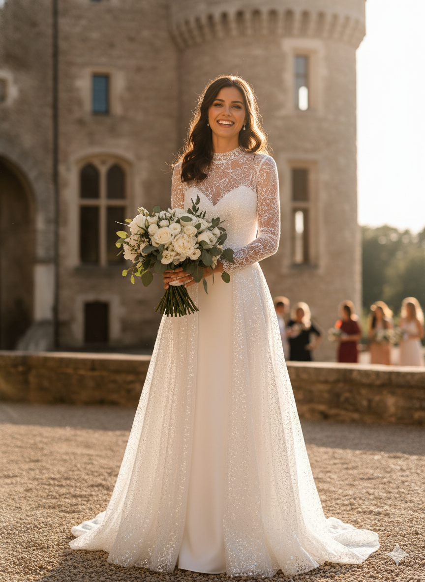 Tul bordado color blanco A845, ideal para vestidos de noche de boda y de XV años