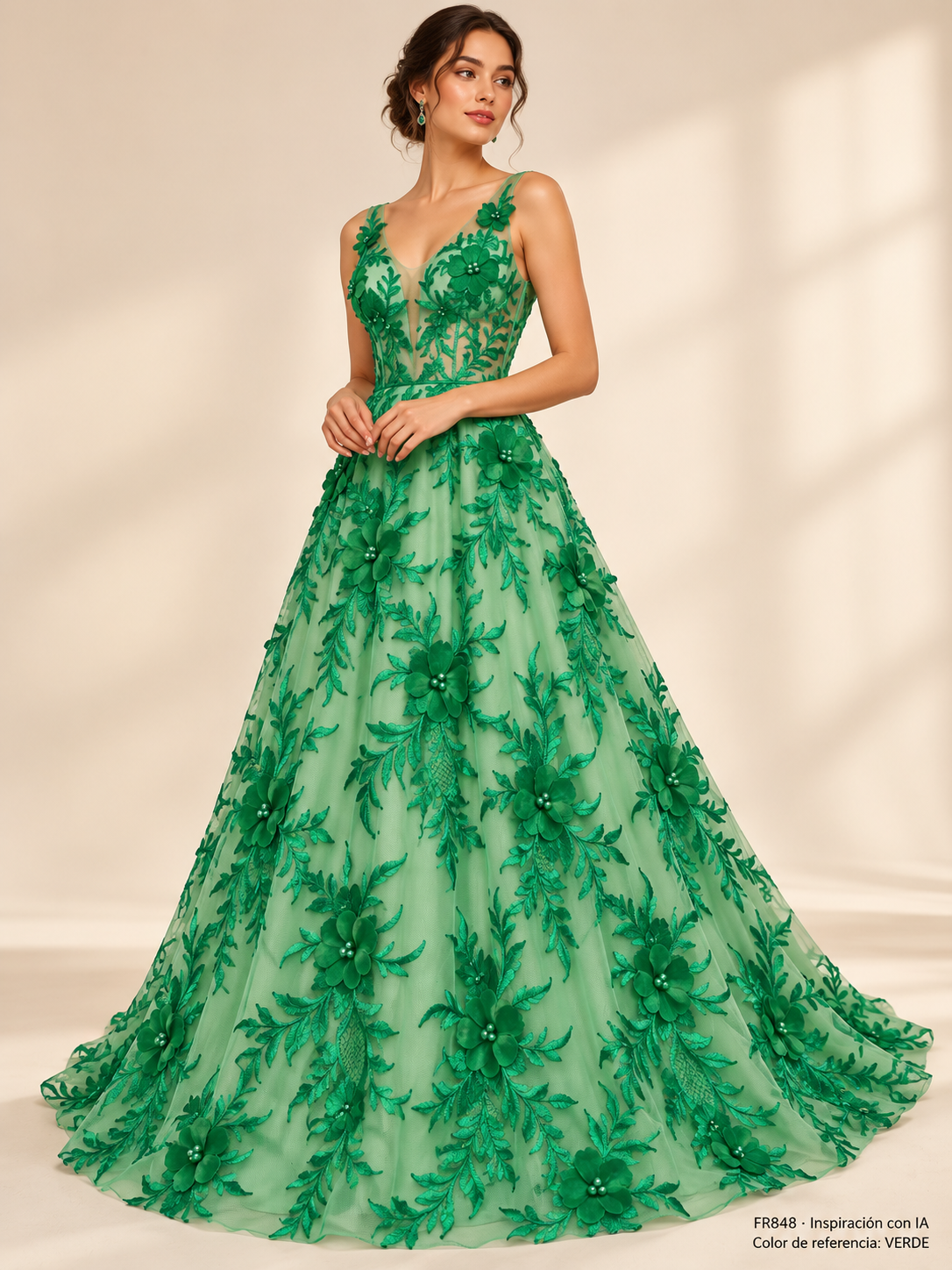 Vestido de inspiración con IA FR848. Color de referencia VERDE; no confirma los tonos en inventario.