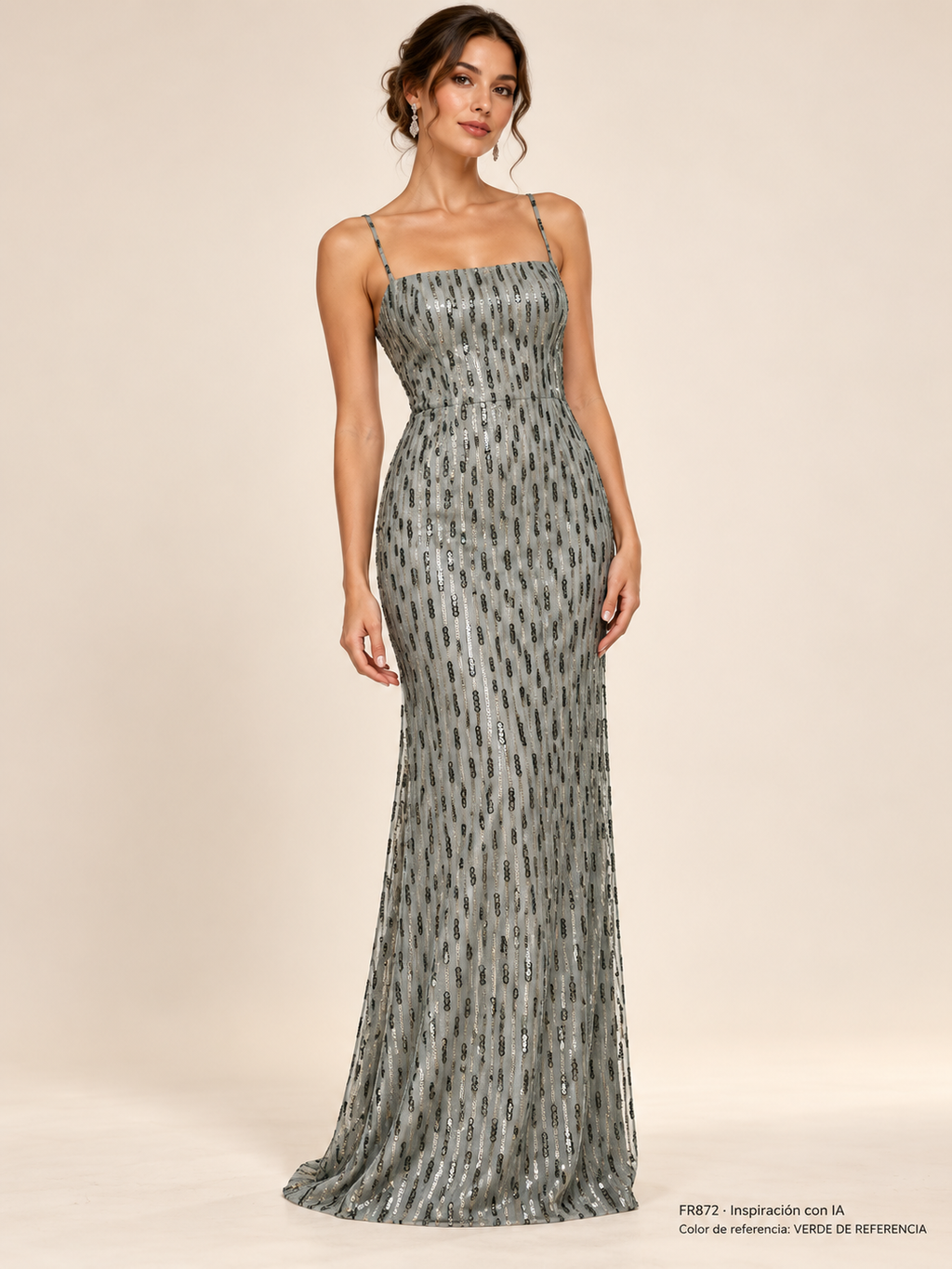 Vestido de inspiración con IA FR872. Color de referencia VERDE DE REFERENCIA; no confirma los tonos en inventario.