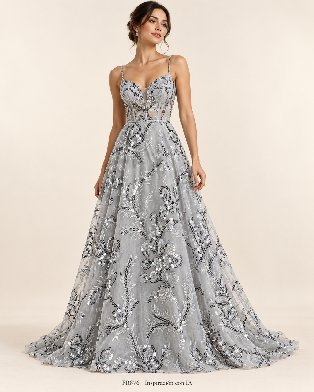 FR876 BLANCO PLATA: vestido de inspiración generado con IA; diseño ilustrativo. Se vende tela por metro.