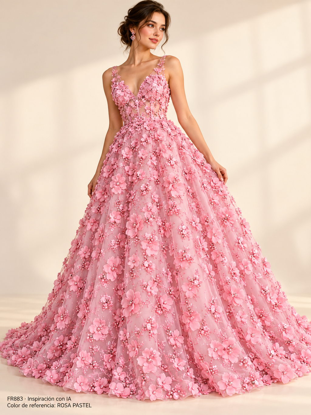 Vestido de inspiración con IA FR883. Color de referencia ROSA PASTEL; no confirma los tonos en inventario.