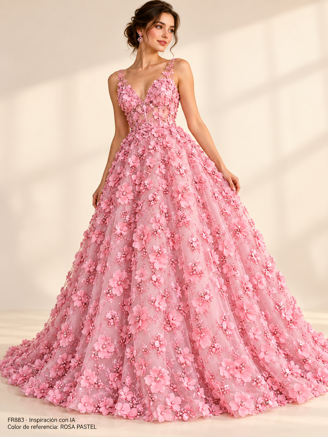 Vestido de inspiración con IA FR883. Color de referencia ROSA PASTEL; no confirma los tonos en inventario.