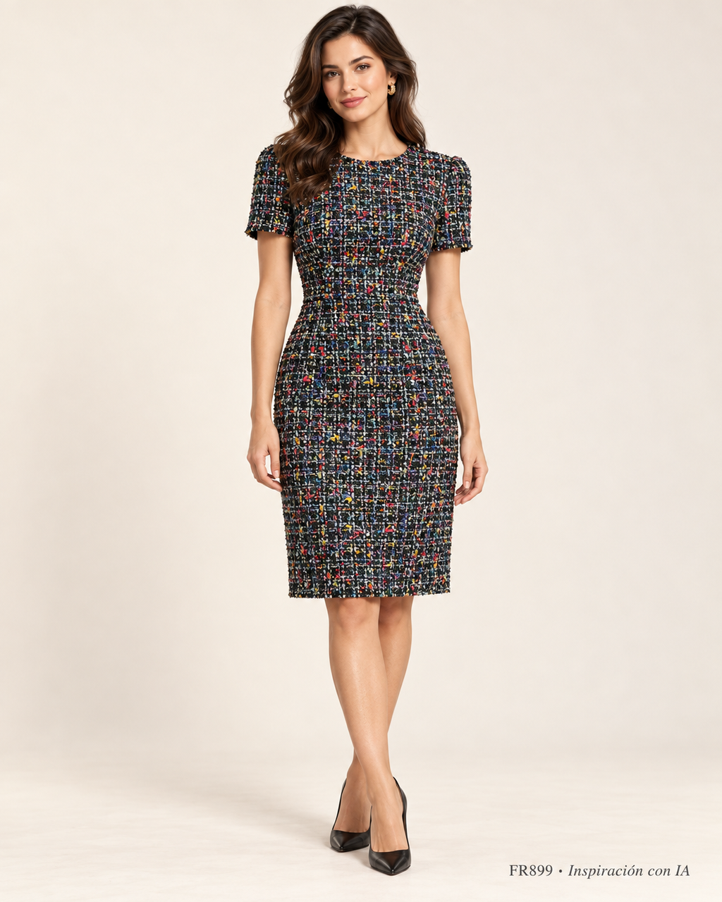 FR899 NEGRO: vestido de inspiración generado con IA; diseño ilustrativo. Se vende tela por metro.