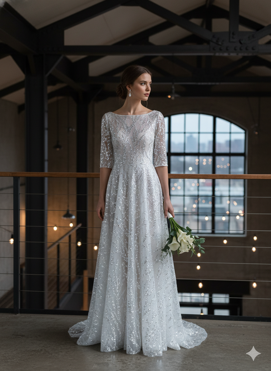 Tul bordado color hueso A957, ideal para vestidos de noche de boda y de XV años
