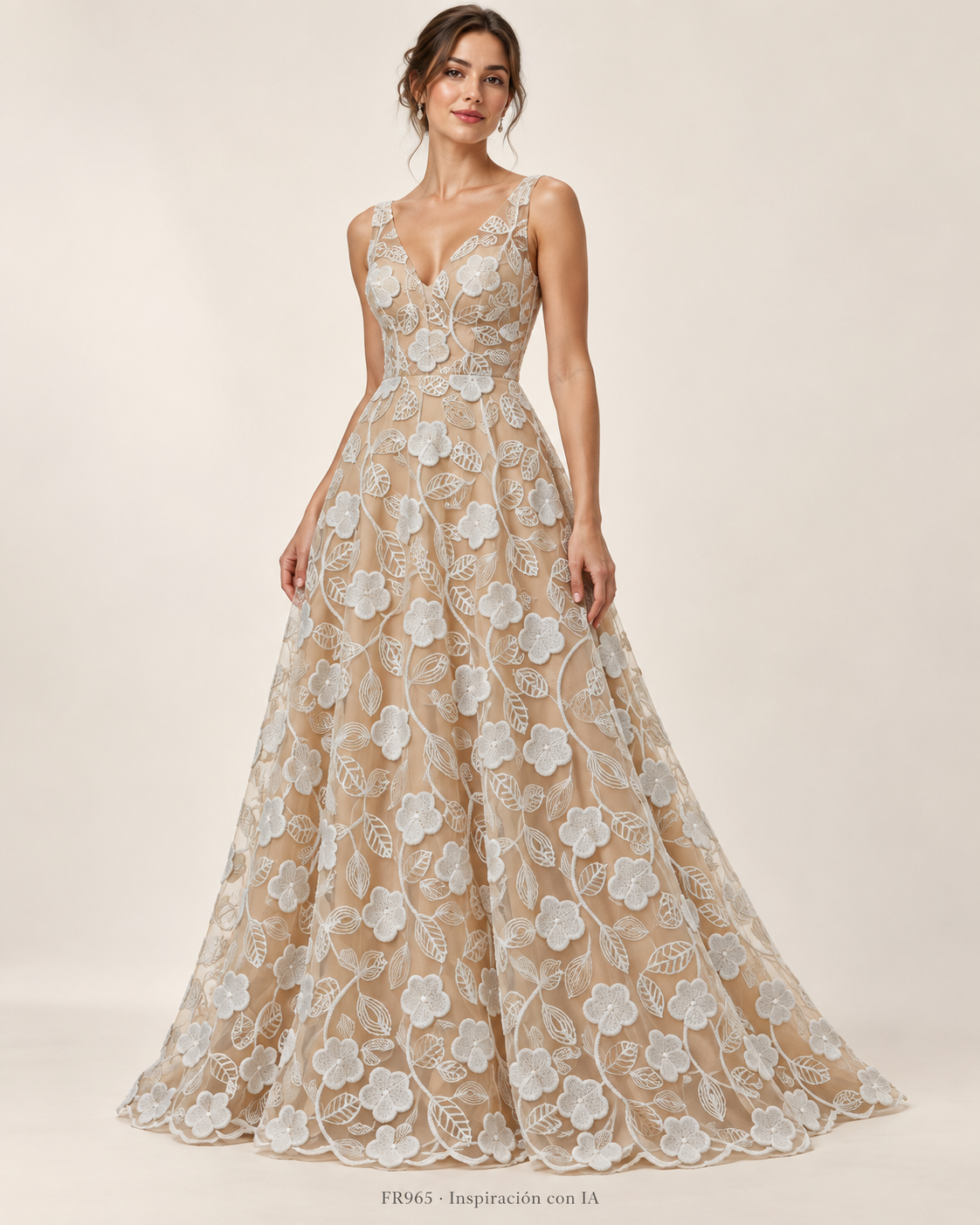 FR965 HUESO: vestido de inspiración generado con IA; diseño ilustrativo. Se vende tela por metro.