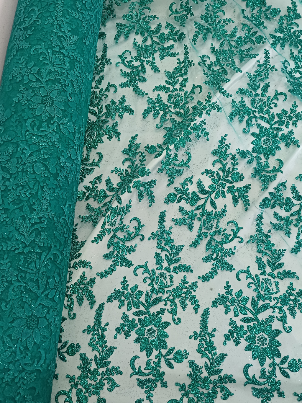 Tul Bordado Con Estampado en Glitter Diseño Floral Color Esmeralda- HH240 ideal para vestidos de noche de boda y de XV años