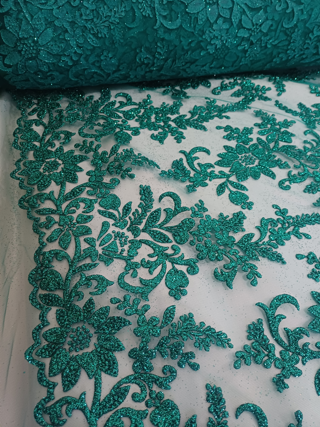 Tul Bordado Con Estampado en Glitter Diseño Floral Color Esmeralda- HH240 ideal para vestidos de noche de boda y de XV años